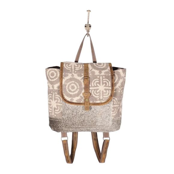 Myra Bag Handmade Dreamer Backpack Upcycled Canvas & Cowhide Leather